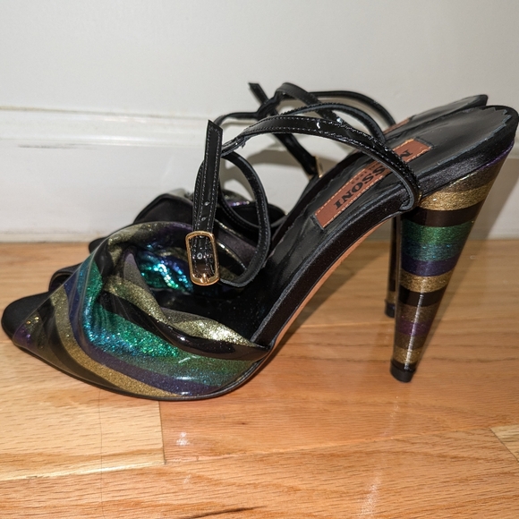 NEW MISSONI TWISTED METALLIC STRIPED PATENT LEATHER AND SATIN HEELS - Picture 10 of 12